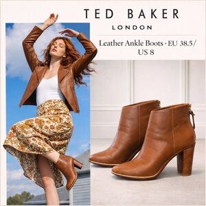 Ted Baker London Leather Ankle Boots EU 38.5 US 8 Brown Block Heel Zip Booties